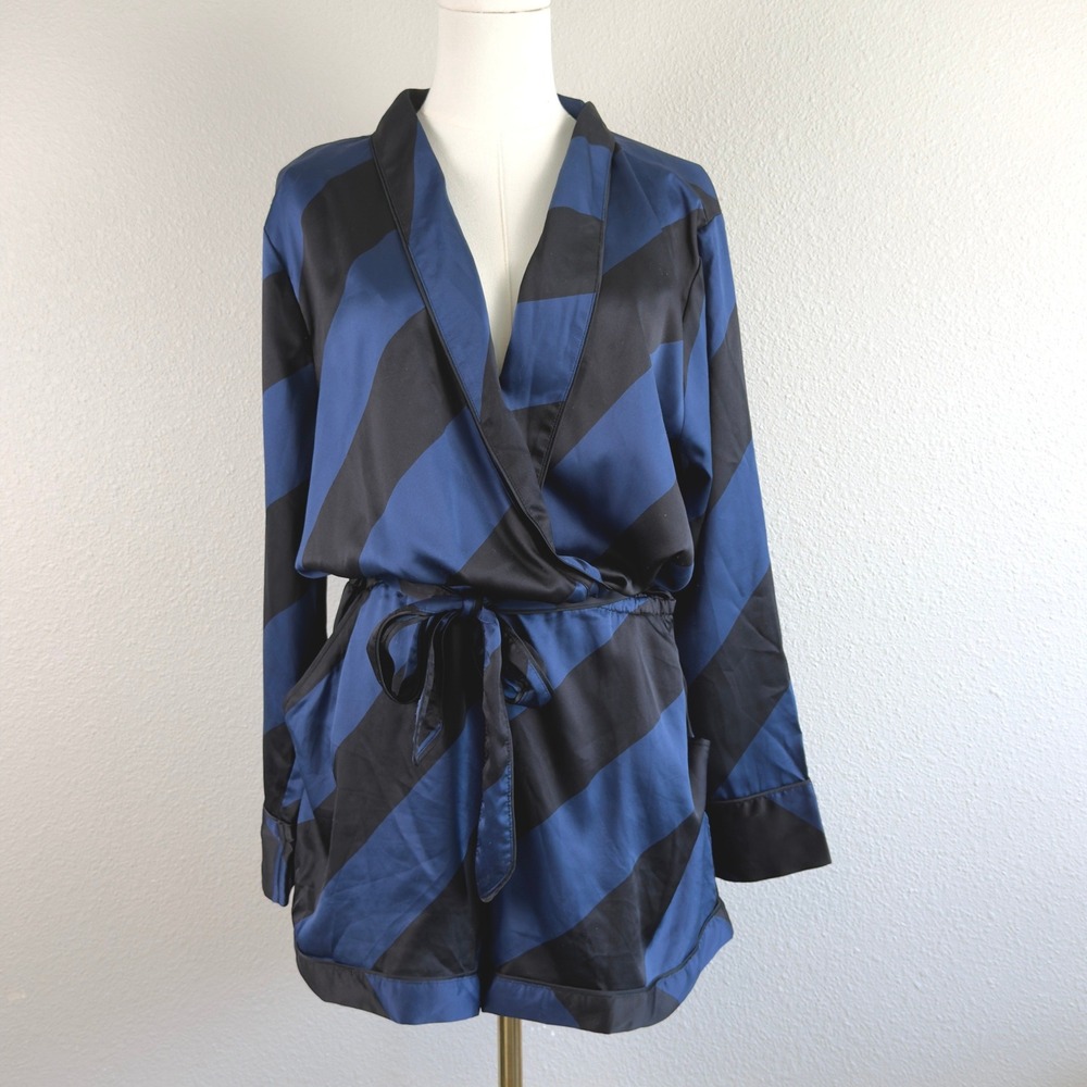 Victorias Secret Blue Black Striped Satin Romper Wrap Front Belted L